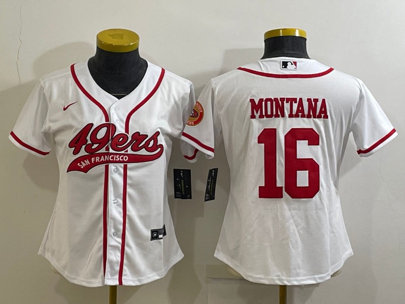 Women's San Francisco 49ers #16 Joe Montana White With Patch Cool Base Stitched Baseball Jersey(Run Small)